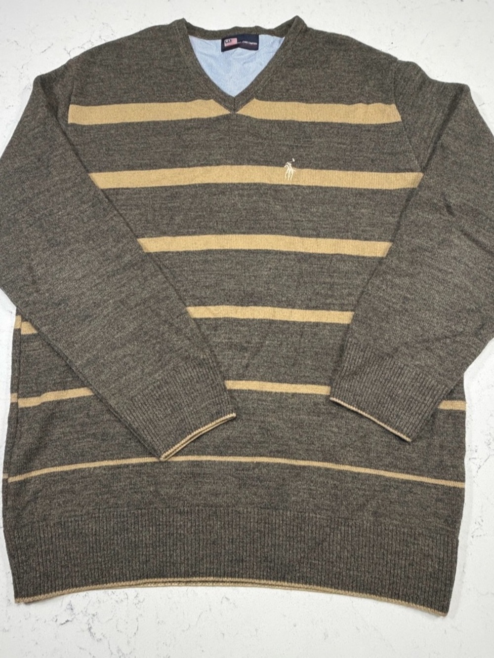 Vintage Polo Jeans Co Ralph Lauren Striped V Neck Sweater Brown Tan Pony Size M